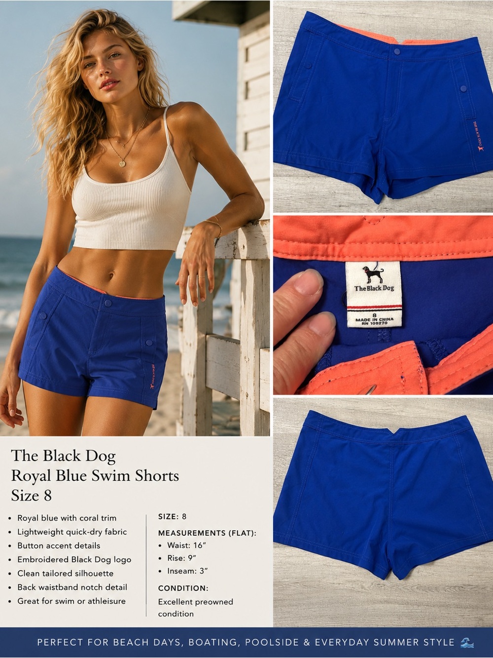 The Black Dog Royal Blue Athletic Shorts with Coral Trim Size 8